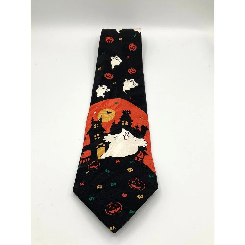 Vintage Hallmark Celebrations Halloween Tie 56 x 4 Ghosts Pumpkins Haunted House
